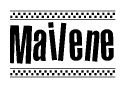 The image is a black and white clipart of the text Mailene in a bold, italicized font. The text is bordered by a dotted line on the top and bottom, and there are checkered flags positioned at both ends of the text, usually associated with racing or finishing lines.