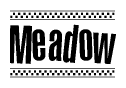 The image contains the text Meadow in a bold, stylized font, with a checkered flag pattern bordering the top and bottom of the text.