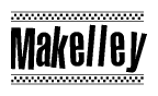 The image is a black and white clipart of the text Makelley in a bold, italicized font. The text is bordered by a dotted line on the top and bottom, and there are checkered flags positioned at both ends of the text, usually associated with racing or finishing lines.