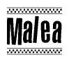 The image is a black and white clipart of the text Malea in a bold, italicized font. The text is bordered by a dotted line on the top and bottom, and there are checkered flags positioned at both ends of the text, usually associated with racing or finishing lines.