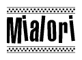 The image is a black and white clipart of the text Mialori in a bold, italicized font. The text is bordered by a dotted line on the top and bottom, and there are checkered flags positioned at both ends of the text, usually associated with racing or finishing lines.