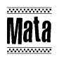 The image is a black and white clipart of the text Mata in a bold, italicized font. The text is bordered by a dotted line on the top and bottom, and there are checkered flags positioned at both ends of the text, usually associated with racing or finishing lines.