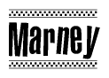 The image contains the text Marney in a bold, stylized font, with a checkered flag pattern bordering the top and bottom of the text.