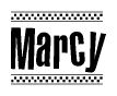 The image contains the text Marcy in a bold, stylized font, with a checkered flag pattern bordering the top and bottom of the text.