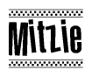The clipart image displays the text Mitzie in a bold, stylized font. It is enclosed in a rectangular border with a checkerboard pattern running below and above the text, similar to a finish line in racing. 