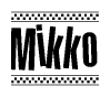 The image contains the text Mikko in a bold, stylized font, with a checkered flag pattern bordering the top and bottom of the text.