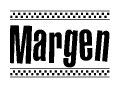 The image is a black and white clipart of the text Margen in a bold, italicized font. The text is bordered by a dotted line on the top and bottom, and there are checkered flags positioned at both ends of the text, usually associated with racing or finishing lines.