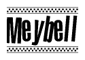 The image contains the text Meybell in a bold, stylized font, with a checkered flag pattern bordering the top and bottom of the text.