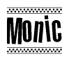 The image contains the text Monic in a bold, stylized font, with a checkered flag pattern bordering the top and bottom of the text.