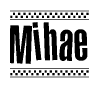 The image contains the text Mihae in a bold, stylized font, with a checkered flag pattern bordering the top and bottom of the text.