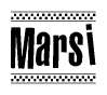 The image is a black and white clipart of the text Marsi in a bold, italicized font. The text is bordered by a dotted line on the top and bottom, and there are checkered flags positioned at both ends of the text, usually associated with racing or finishing lines.
