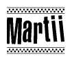 The image contains the text Martii in a bold, stylized font, with a checkered flag pattern bordering the top and bottom of the text.