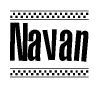 The image is a black and white clipart of the text Navan in a bold, italicized font. The text is bordered by a dotted line on the top and bottom, and there are checkered flags positioned at both ends of the text, usually associated with racing or finishing lines.