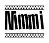 The image is a black and white clipart of the text Nimmi in a bold, italicized font. The text is bordered by a dotted line on the top and bottom, and there are checkered flags positioned at both ends of the text, usually associated with racing or finishing lines.
