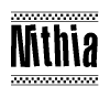 The image is a black and white clipart of the text Nithia in a bold, italicized font. The text is bordered by a dotted line on the top and bottom, and there are checkered flags positioned at both ends of the text, usually associated with racing or finishing lines.
