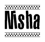 The image contains the text Nisha in a bold, stylized font, with a checkered flag pattern bordering the top and bottom of the text.