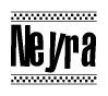 The image is a black and white clipart of the text Neyra in a bold, italicized font. The text is bordered by a dotted line on the top and bottom, and there are checkered flags positioned at both ends of the text, usually associated with racing or finishing lines.
