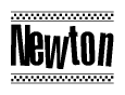 The image is a black and white clipart of the text Newton in a bold, italicized font. The text is bordered by a dotted line on the top and bottom, and there are checkered flags positioned at both ends of the text, usually associated with racing or finishing lines.