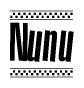 The image contains the text Nunu in a bold, stylized font, with a checkered flag pattern bordering the top and bottom of the text.