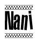 The image is a black and white clipart of the text Nani in a bold, italicized font. The text is bordered by a dotted line on the top and bottom, and there are checkered flags positioned at both ends of the text, usually associated with racing or finishing lines.