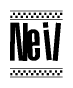 The clipart image displays the text Neil in a bold, stylized font. It is enclosed in a rectangular border with a checkerboard pattern running below and above the text, similar to a finish line in racing. 