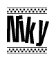 The image is a black and white clipart of the text Niky in a bold, italicized font. The text is bordered by a dotted line on the top and bottom, and there are checkered flags positioned at both ends of the text, usually associated with racing or finishing lines.
