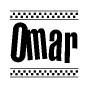 The image contains the text Omar in a bold, stylized font, with a checkered flag pattern bordering the top and bottom of the text.