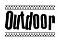 The image is a black and white clipart of the text Outdoor in a bold, italicized font. The text is bordered by a dotted line on the top and bottom, and there are checkered flags positioned at both ends of the text, usually associated with racing or finishing lines.