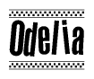 The image is a black and white clipart of the text Odelia in a bold, italicized font. The text is bordered by a dotted line on the top and bottom, and there are checkered flags positioned at both ends of the text, usually associated with racing or finishing lines.