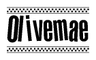 The image is a black and white clipart of the text Olivemae in a bold, italicized font. The text is bordered by a dotted line on the top and bottom, and there are checkered flags positioned at both ends of the text, usually associated with racing or finishing lines.