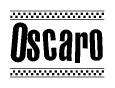 The image is a black and white clipart of the text Oscaro in a bold, italicized font. The text is bordered by a dotted line on the top and bottom, and there are checkered flags positioned at both ends of the text, usually associated with racing or finishing lines.