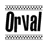 The image is a black and white clipart of the text Orval in a bold, italicized font. The text is bordered by a dotted line on the top and bottom, and there are checkered flags positioned at both ends of the text, usually associated with racing or finishing lines.