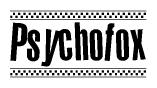 The clipart image displays the text Psychofox in a bold, stylized font. It is enclosed in a rectangular border with a checkerboard pattern running below and above the text, similar to a finish line in racing. 