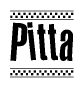 The image contains the text Pitta in a bold, stylized font, with a checkered flag pattern bordering the top and bottom of the text.