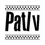 The image is a black and white clipart of the text Patlv in a bold, italicized font. The text is bordered by a dotted line on the top and bottom, and there are checkered flags positioned at both ends of the text, usually associated with racing or finishing lines.