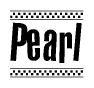 The image is a black and white clipart of the text Pearl in a bold, italicized font. The text is bordered by a dotted line on the top and bottom, and there are checkered flags positioned at both ends of the text, usually associated with racing or finishing lines.