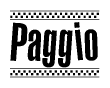 The image contains the text Paggio in a bold, stylized font, with a checkered flag pattern bordering the top and bottom of the text.