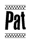 The image is a black and white clipart of the text Pat in a bold, italicized font. The text is bordered by a dotted line on the top and bottom, and there are checkered flags positioned at both ends of the text, usually associated with racing or finishing lines.