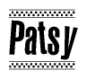 The image contains the text Patsy in a bold, stylized font, with a checkered flag pattern bordering the top and bottom of the text.