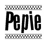 The image is a black and white clipart of the text Pepie in a bold, italicized font. The text is bordered by a dotted line on the top and bottom, and there are checkered flags positioned at both ends of the text, usually associated with racing or finishing lines.