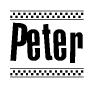 The image is a black and white clipart of the text Peter in a bold, italicized font. The text is bordered by a dotted line on the top and bottom, and there are checkered flags positioned at both ends of the text, usually associated with racing or finishing lines.