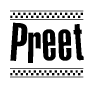 The clipart image displays the text Preet in a bold, stylized font. It is enclosed in a rectangular border with a checkerboard pattern running below and above the text, similar to a finish line in racing. 