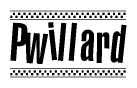 The clipart image displays the text Pwillard in a bold, stylized font. It is enclosed in a rectangular border with a checkerboard pattern running below and above the text, similar to a finish line in racing. 