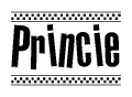 The clipart image displays the text Princie in a bold, stylized font. It is enclosed in a rectangular border with a checkerboard pattern running below and above the text, similar to a finish line in racing. 