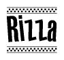 The image is a black and white clipart of the text Rizza in a bold, italicized font. The text is bordered by a dotted line on the top and bottom, and there are checkered flags positioned at both ends of the text, usually associated with racing or finishing lines.