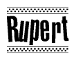 The image contains the text Rupert in a bold, stylized font, with a checkered flag pattern bordering the top and bottom of the text.