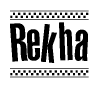 The image is a black and white clipart of the text Rekha in a bold, italicized font. The text is bordered by a dotted line on the top and bottom, and there are checkered flags positioned at both ends of the text, usually associated with racing or finishing lines.