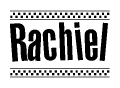 The clipart image displays the text Rachiel in a bold, stylized font. It is enclosed in a rectangular border with a checkerboard pattern running below and above the text, similar to a finish line in racing. 