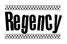 The image contains the text Regency in a bold, stylized font, with a checkered flag pattern bordering the top and bottom of the text.