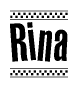 The image contains the text Rina in a bold, stylized font, with a checkered flag pattern bordering the top and bottom of the text.